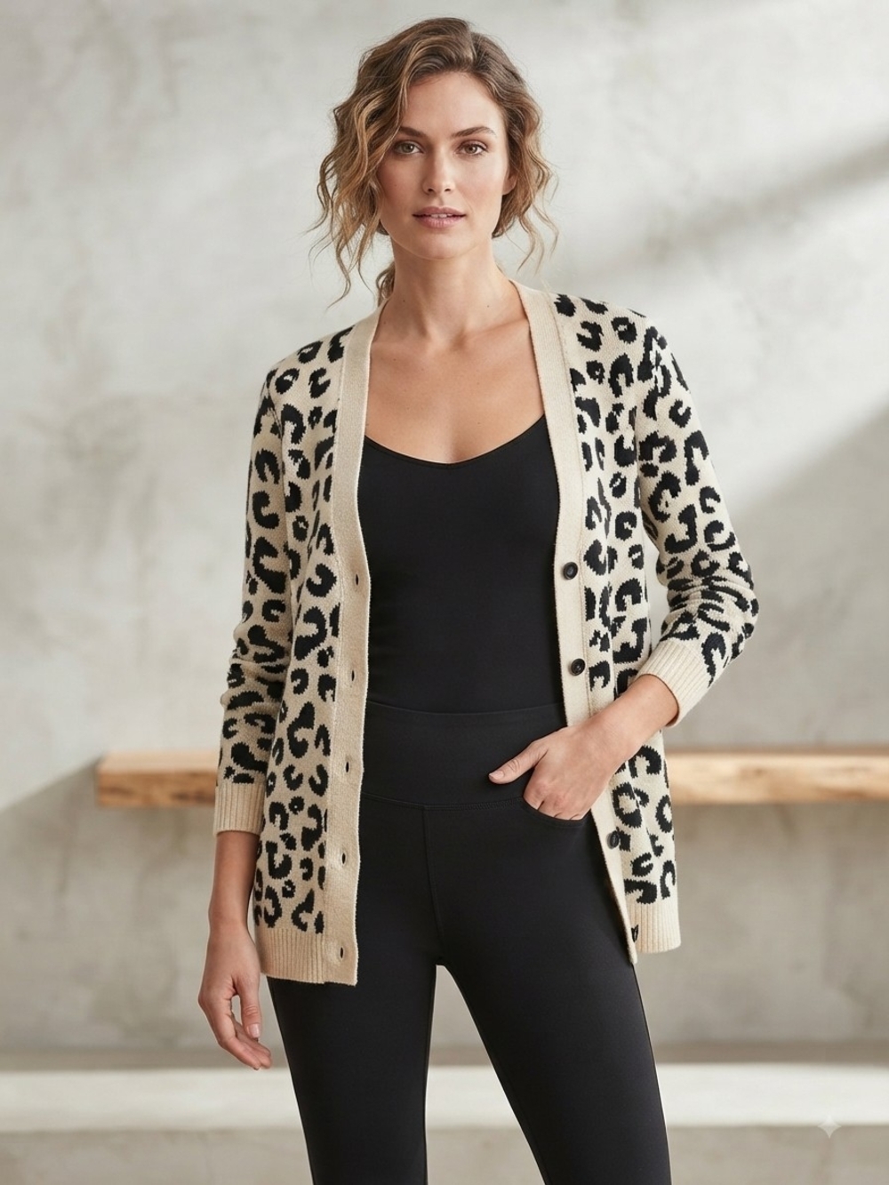 J. Jill Cream and Black Leopard Button-Front Cardigan